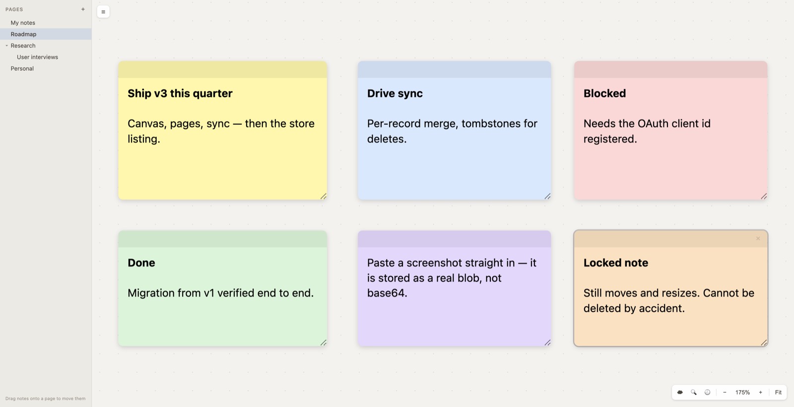 The Easy Note canvas showing six coloured notes arranged in two rows on a dotted board, a list of pages down the left, and zoom controls in the bottom-right corner.
