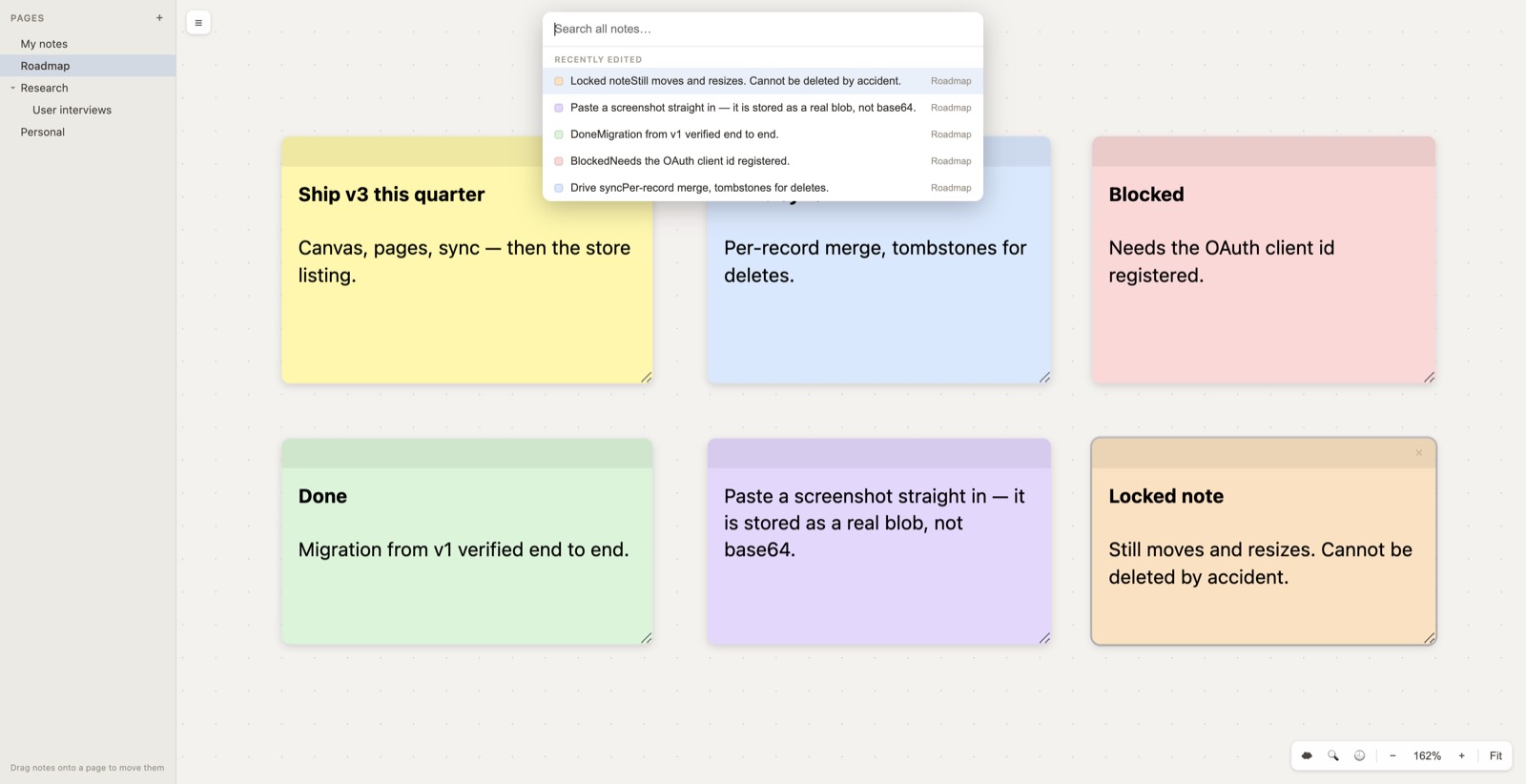 The search panel open over the canvas with an empty search box, listing five notes under a heading reading 'Recently edited', each with a colour chip and the page it belongs to.