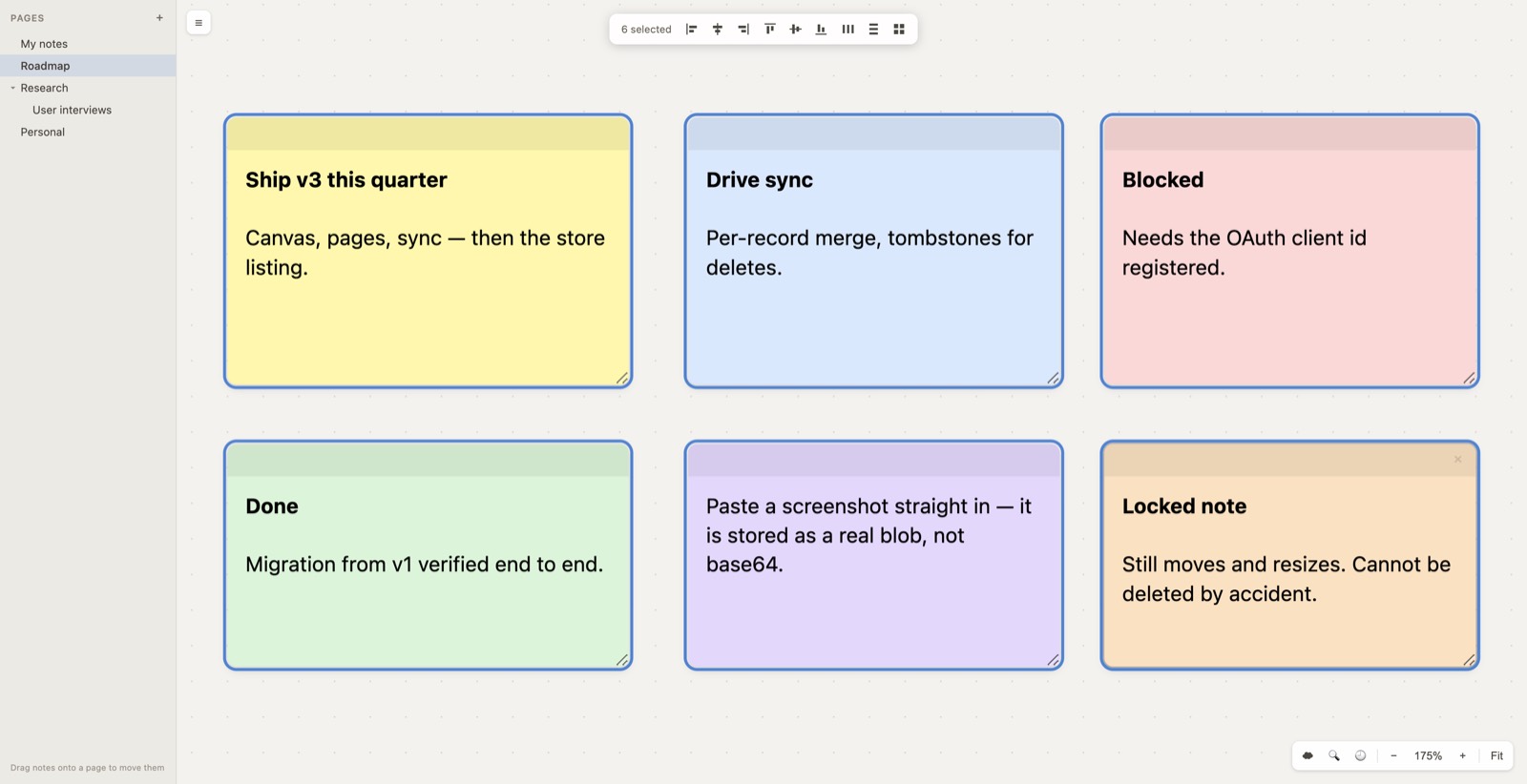 Six notes with blue selection outlines and a floating toolbar reading '6 selected' followed by alignment, distribute and grid buttons.
